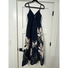 Japna Singh Navy Blue Floral Cotton Maxi Dress Smocked XS 23698 picture