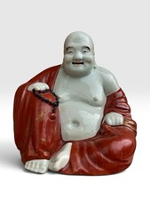Antique Chinese Glazed Porcelain Maitreya Laughing Buddha Figurine Red Gold Robe picture