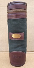 Orvis Battenkill Shearling Lined Leather Green Canvas Wine Bottle Travel Holder picture
