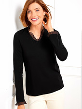 Talbots Women's L Black V-Neck Long Sleeve Knit Top Leopard Print Ruffle picture