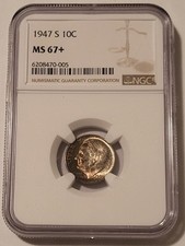 1947 S Roosevelt Dime Unc MS67+ NGC Toned picture