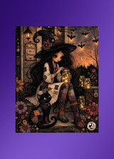 Witch Catching Fireflies ACEO Giclee | Halloween Hollow Folk Art picture