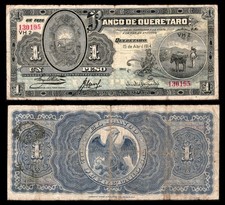 Mexico, 5 Pesos El Banco de Queretaro 15-4-1914, Series C #130195. M473b F+ picture