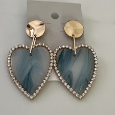 NORDSTROM BP Gold Rhinestone Ocean Blue Hearts Hanging Earrings New picture
