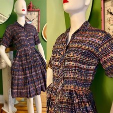 Vtg 40s ? Graphic Print Shirtwaist Day Hostess Dress Westbury Fashions S 36/26 picture
