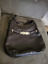 Talbots Dark Brown Leather Hobo Purse Handbag w Gold Tone Belt Detail picture