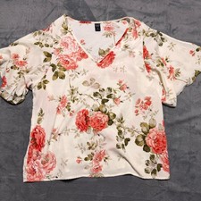 Emery Rose Women XL Floral Blouse Pink White V-Neck Short Flutter Sleeve Top picture