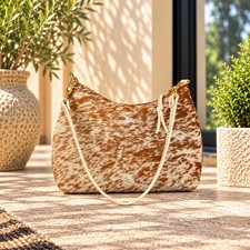 Genuine Cowhide Crescent Bag, Brown White Hair on Hide Leather Shoulder Purse picture