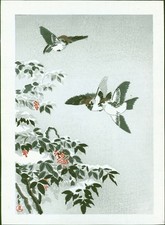 Tsuchiya Koitsu Japanese Woodblock Print - Sparrows - Shin Hanga picture