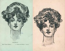 Vintage Gibson Girl Sincerity Postcard Art and Hand Drawn Copy 1907 Pair Vtg Ink picture