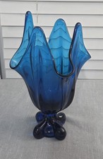 Vintage Viking Bluenique Epic Four Square Swung Glass Vase Footed MCM 4 Toed picture