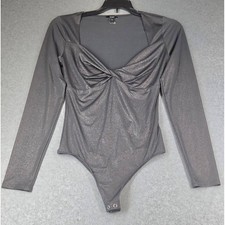 Express Body Contour Metallic Shimmer Twist Front Bodysuit Charcoal Grey XS picture