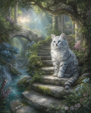 White Tabby Cat on Mossy Steps in Sunlit Enchanted Forest Print - 217783011 picture