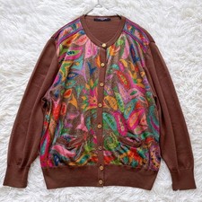 LEONARD Paris Silk Wool Print Front Cardigan Gold Buttons Brown Made in Japan L picture