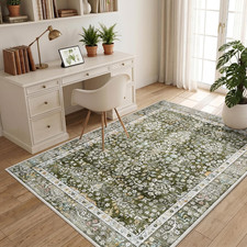 Vintage 5X7 Area Rugs Washable: Sage Green Botanical Rug for Living Room | Boho picture