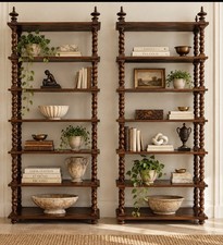 Pair Vintage Jacobean Revival Barley Twist Wood Étagères Bookcases 89” Tall picture