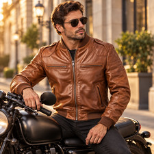Men's Brown Leather Bomber Jacket Vintage Moto Biker Coat Slim Fit Outerwear picture