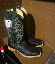 Horse Power Black Western Cowboy Boots Green Stitch Square Toe Pull-On Men 10.5 picture