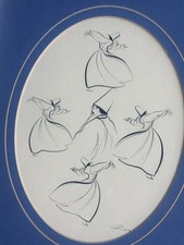 Signed Turkish Sufi Whirling Dervish Art Framed Islamic Mevlevi 11x15 picture