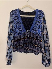 Free People lue Patterned V-Neck Long Sleeve Women's Top picture