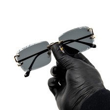 Men's Gem Cut Black Tint Gold Frame Hip Hop Rimless Luxury Rectangle Sunglasses picture