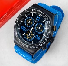 SWATCH IRONY Chronograph MOMENTS IN BLUE YVB100 Black PVD Textile 43mm Watch picture