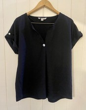 ROCKMANS Sz 14/L Top Black w Silver Buttons VNeck Lightweight Tab Sleeve picture