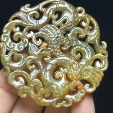Antique Xiuyan Jade Pendant Dragon Phoenix Peace Amulet Vintage Jade Jewelry picture
