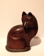 Vintage Indian Hand Carved Wood And Brass Cat picture