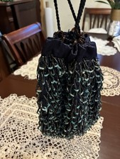 Vtg 1920s Beaded Reticule Pouch Bag Iridescent Green Blue Fringe Flapper Purse picture