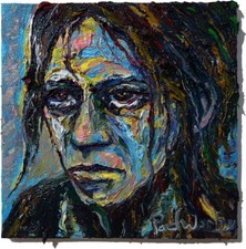 ORIGINAL OIL█PAINTING VINTAGE█ART SIGNED█OUTSIDER BEACH WOMAN GIRL FAUVE 12 x12