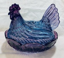 NEW Purple & Blue Glass Hen Chicken Nest 5 1/2