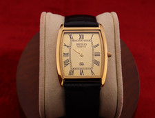 Vintage Men Seiko quartz Barrel-Tank Golden Dial ,Black leather Dress Watch picture