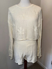 Sincerely Jules White Floral Knit Sweater & Shorts 2-Piece Set M Elastic Waist picture