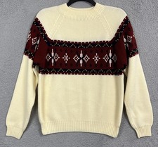 VTG 80s JCPenney Nordic Ski Sweater Mens Large Cream Burgundy Fair Isle Acrylic picture