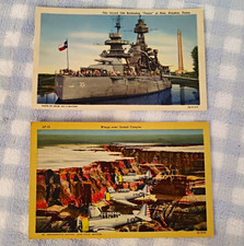 Vtg 1940s Linen Postcard Lot (2) – USS Texas BB-35 & WWII Grand Canyon Planes picture