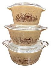 Vintage 1981 Pyrex FOREST FANCIES set of 3 Casseroles w/ lids Mushroom pattern picture
