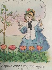 Easter Girl in Bonnet Spring Tulips Flowers Antique Postcard c1910s Series 437 picture