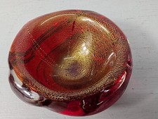 Vintage Elegant Italian Art Glass Bowl Red Murano Style Gold Flecks Decor 2