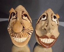 Vintage Oceanside Clay Works Signed Art Pottery Face Salt Pepper Shakers Set picture