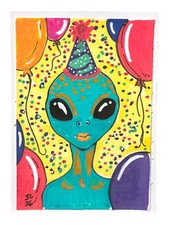 ACEO Original Painting Alien Birthday Party OOAK Art Card Signed By JL Canaday picture