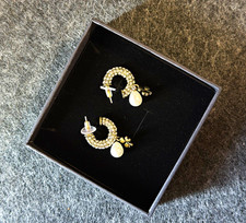 Silver Tone Crescent Stud Earrings Simulated White Pearl Drop & Rhinestone picture
