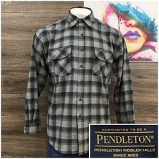Pendleton Maverick Mens Large Grey Olive Green Plaid Wool Flannel Shirt L/S picture