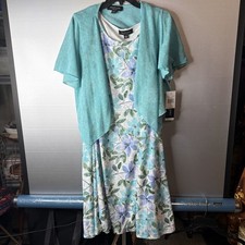 NWT Perceptions New York Women's 2-Piece Dress & Jacket Set Size L Aqua Floral picture