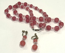 HOBE LUCITE PINK & CLEAR FROSTED BEAD NECKLACE CLIP ON EARRINGS SET MCM picture