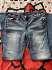 true religion billie medium wash straight mid-rise jeans with red stitch picture