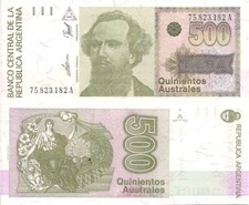 Argentina P328b, 500 Australs, Dr. Nicolás Avellaneda / seated Liberty, UNC 1990 picture