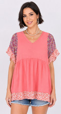 New GIGIO Oversized Small Rose- Peach Floral Mix Ruffle Sleeve Pullover Top picture