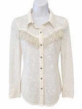 Roper Womens S Ivory Floral Burnout Fringe Pearl Snap Western Cowgirl Shirt picture