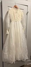 Vintage 1970s ILGWU Union Tag Lace Prairie Wedding Dress Boho Illusion Gown SZ6 picture